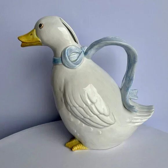 Fitz and Floyd White Goose Pitcher Blue Ribbon Handle Vintage Kitchenware - Picture 3 of 12